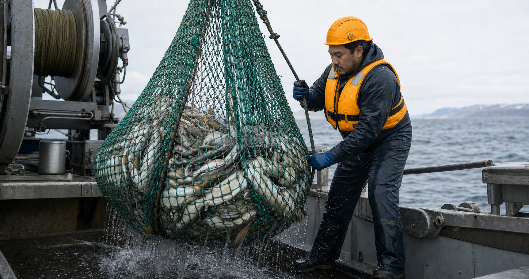 Grønlandsk fisker arbejder sikkert på en trawler i åbent hav, mens en fyldt fangstpose hales om bord.