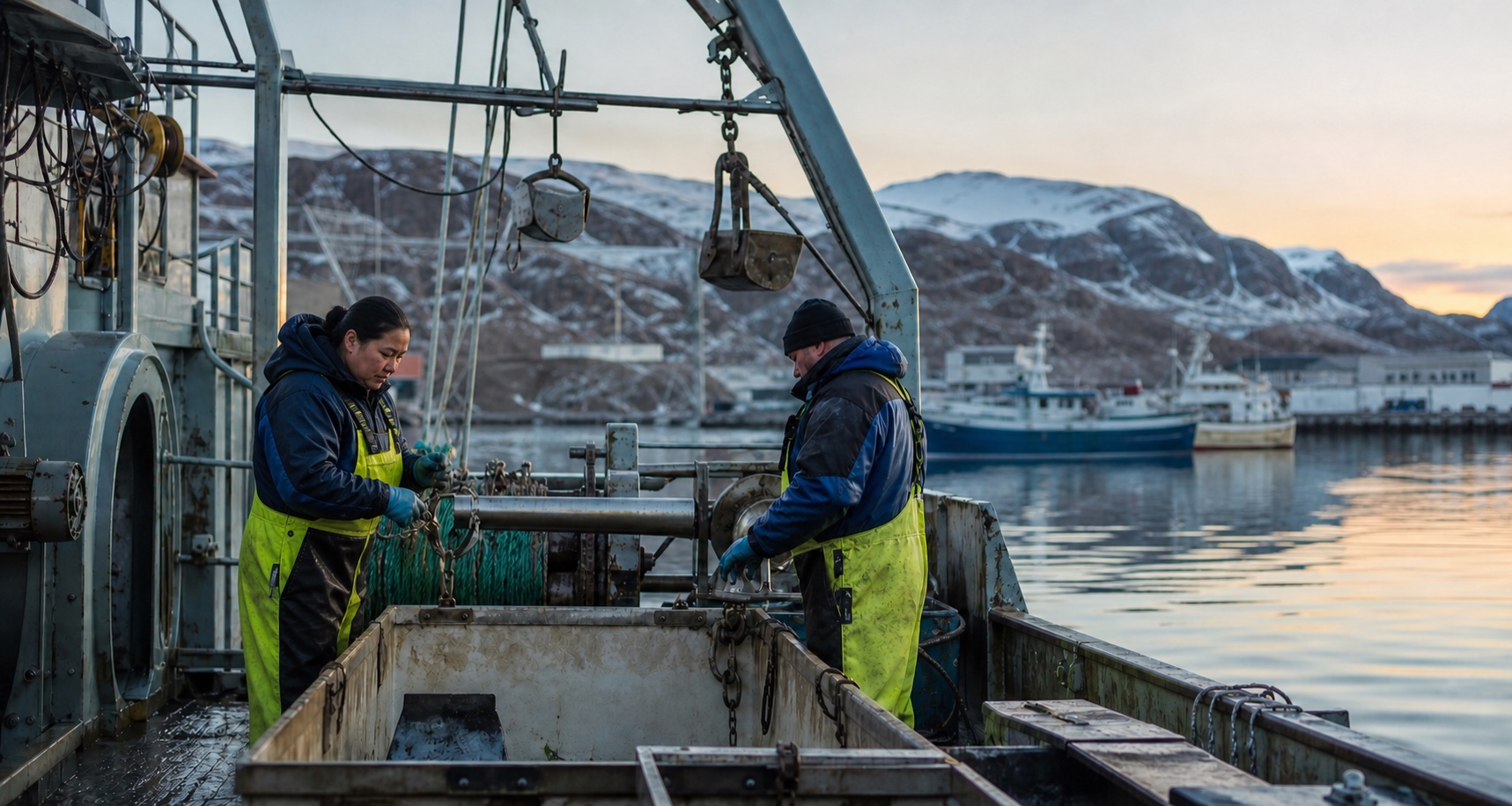 En grønlandsk kvinde og en mand arbejder sikkert på dækket af et fiskefartøj i en grønlandsk havn.