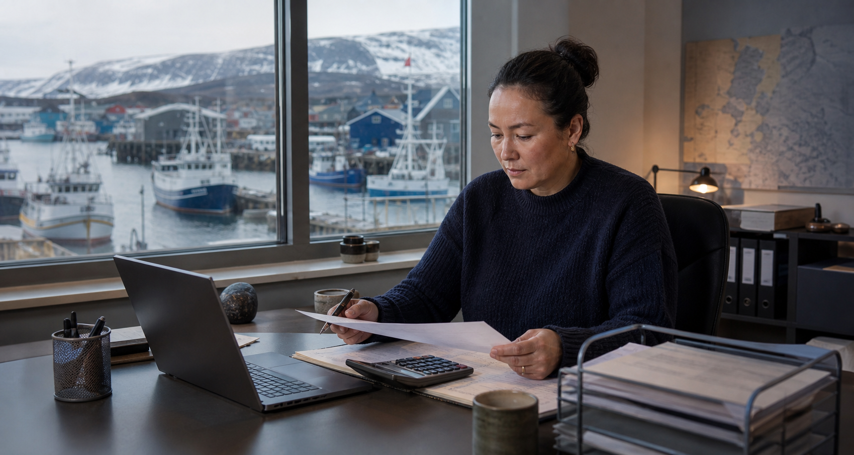 Grønlandsk administrator gennemgår turens dokumentation og omkostninger på et havnekontor med udsigt til fiskefartøjer.