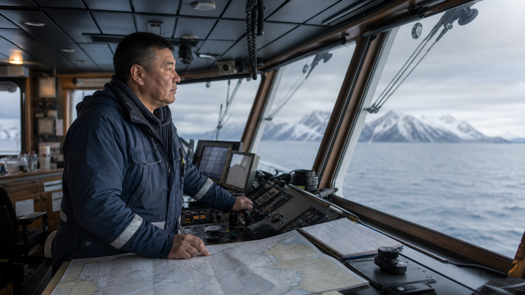 Grønlandsk skibsfører leder en trawler sikkert fra styrehuset med åbent hav og fjelde i baggrunden.