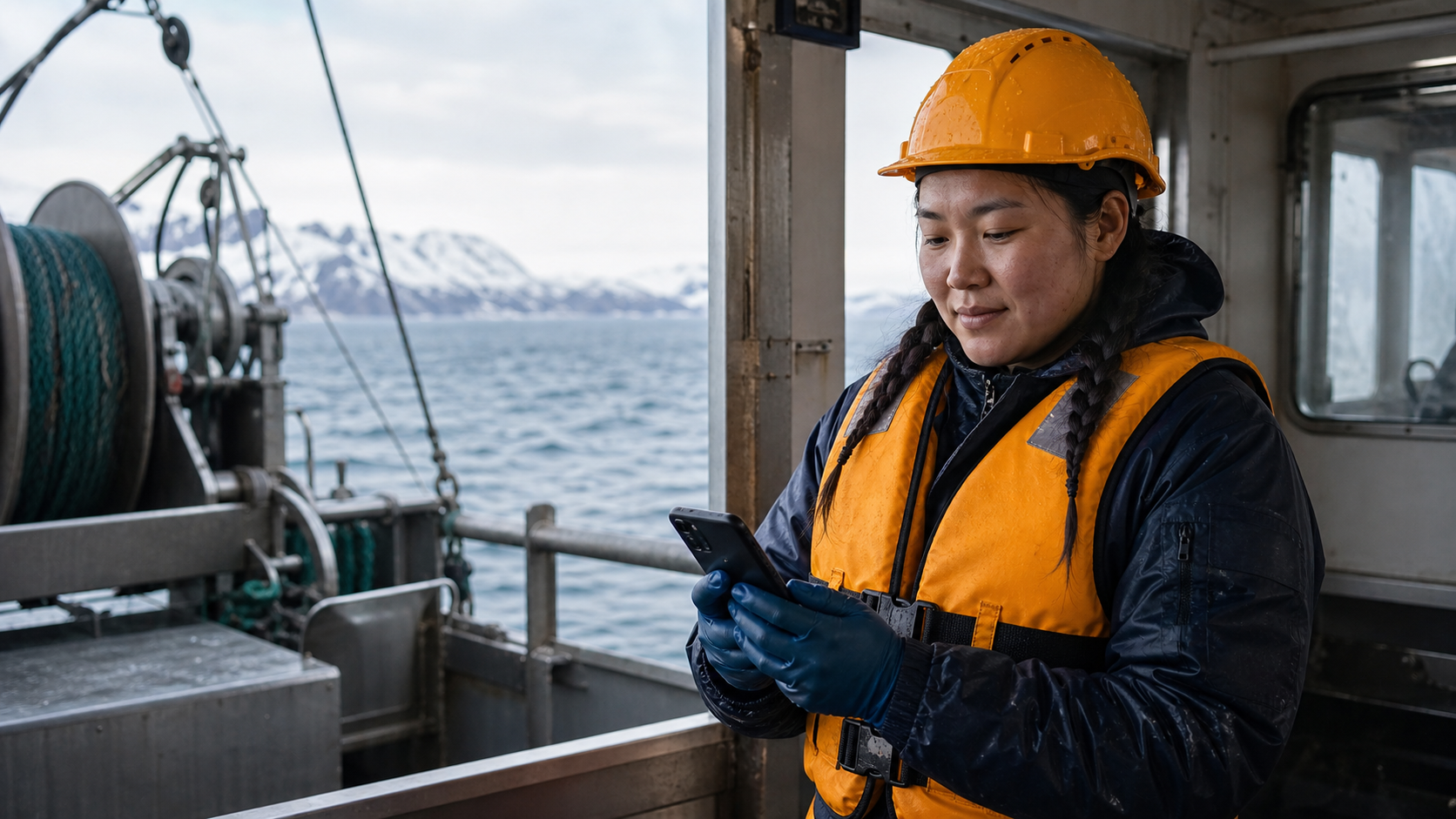 Grønlandsk medarbejder på en trawler ser sit eget overblik på telefonen under en sikker pause.