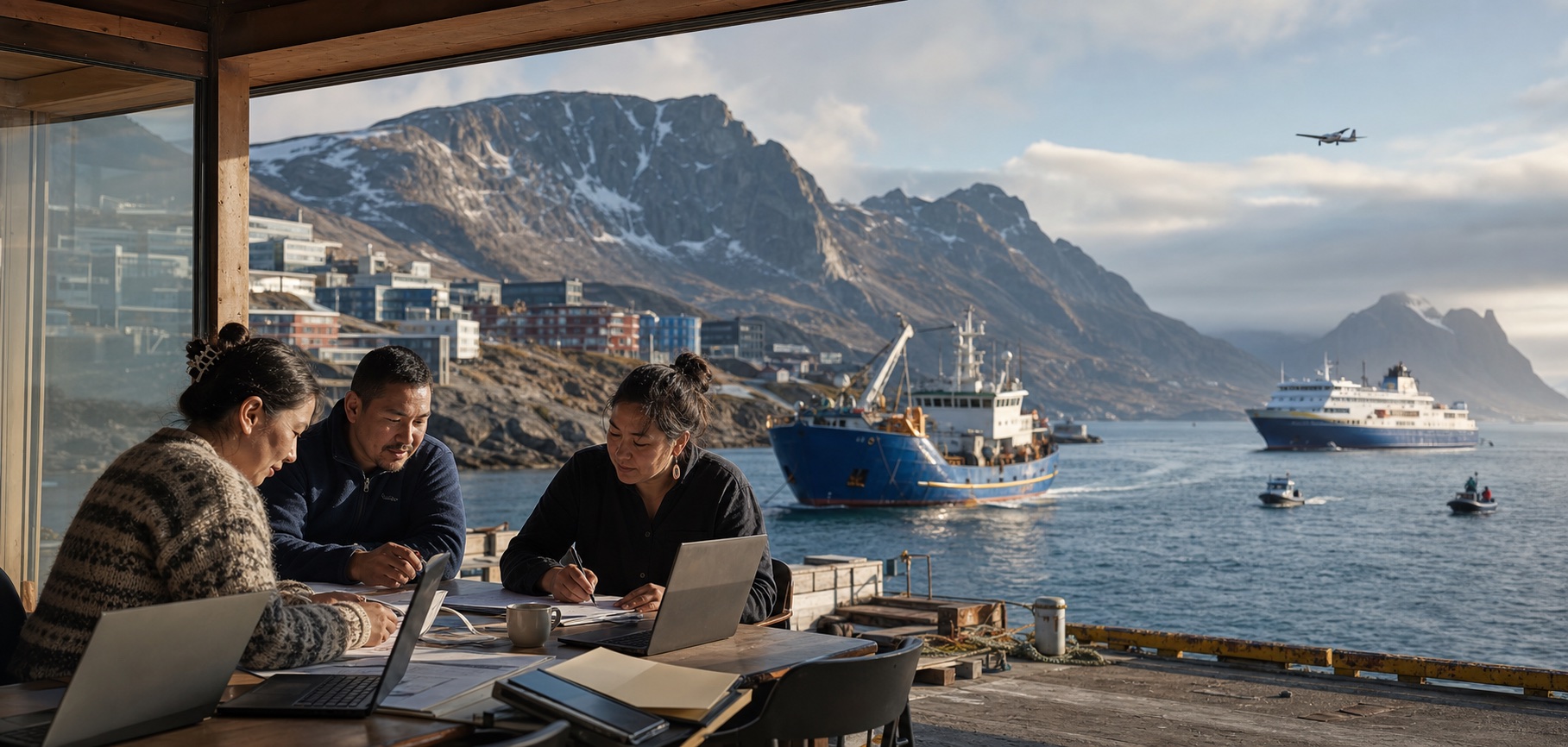 Grønlandske kontormedarbejdere arbejder sammen med udsigt over en moderne by, trawlere, kystskib, turistbåde og et regionalt fly.